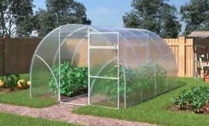 Nowoczesna szklarnia poliwęglanowa Alfa umieszczona w przydomowym ogrodzie.